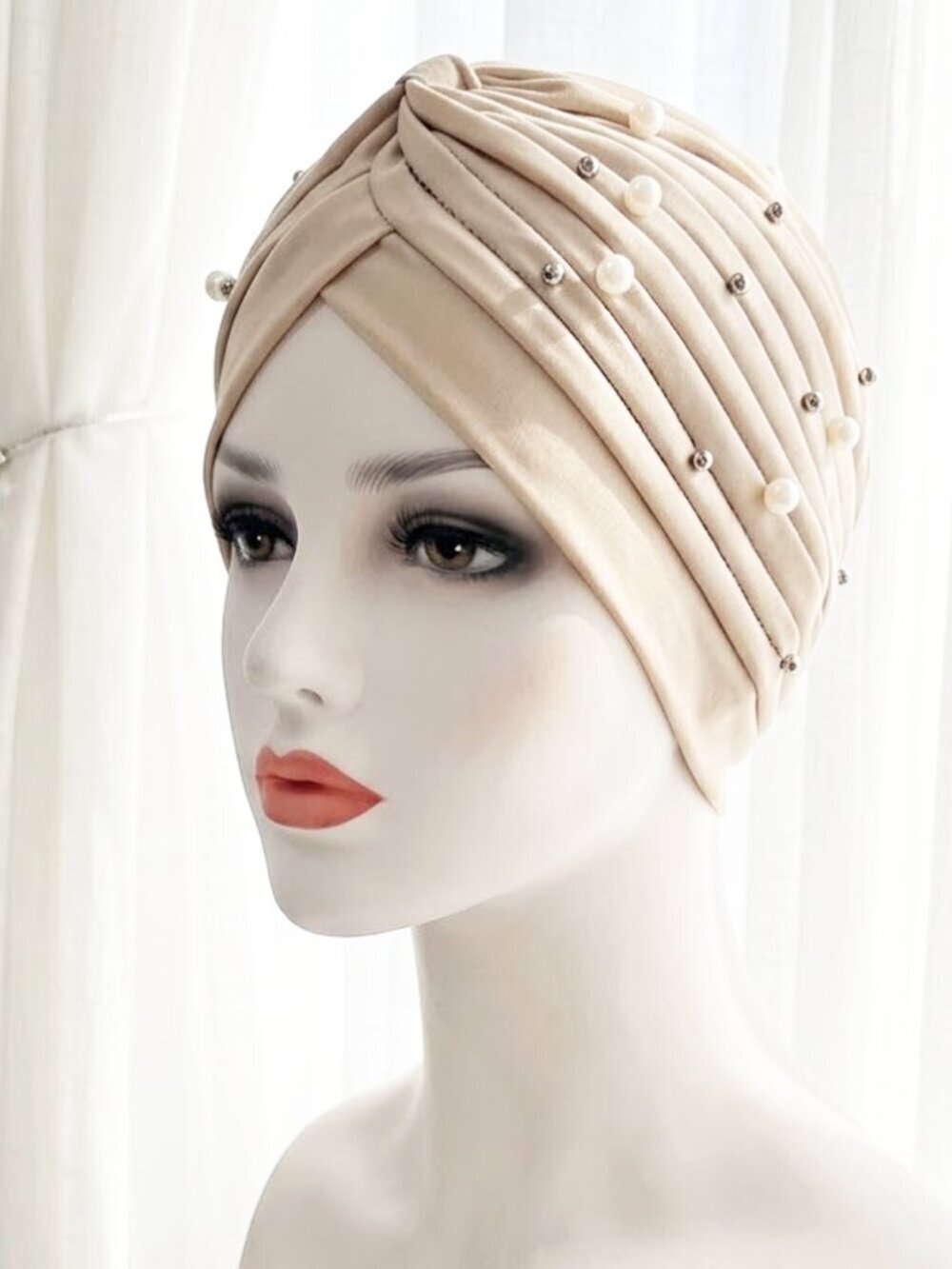 Beige Fashion Pearl Beanie Headwrap